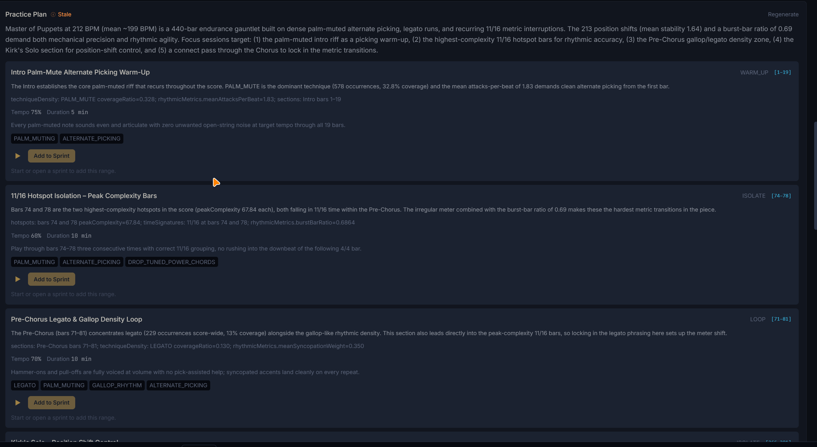 AI Practice Plan section showing recommendations with loop range and add to sprint actions