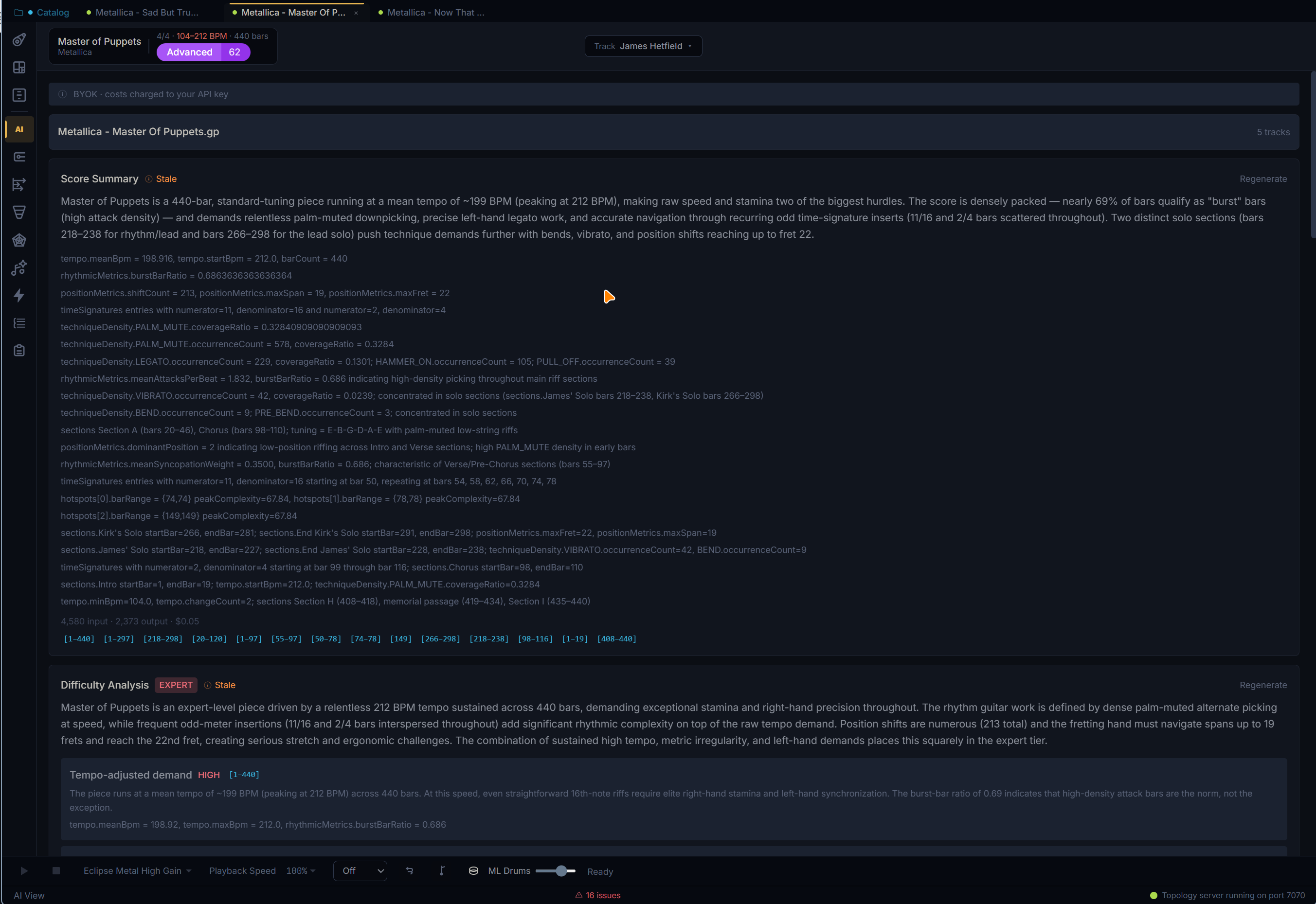 AI View showing score summary, difficulty analysis, technique tags, hotspots, and bar-range links