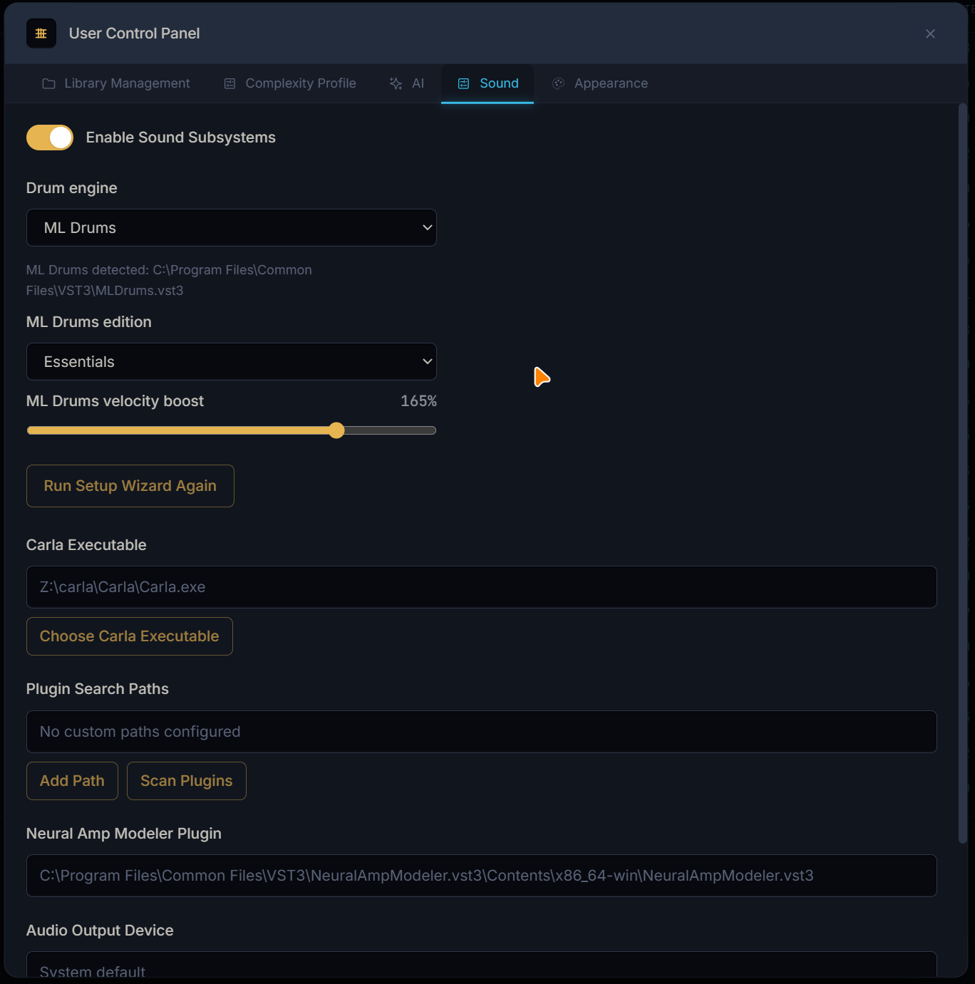 Audio settings showing playback and drum kit configuration