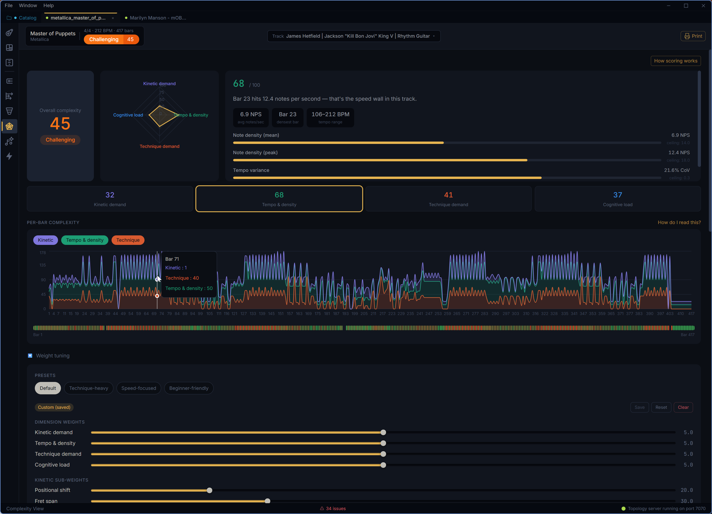 Complexity View showing overall score, radar chart, dimension detail, curve, tuning panel, and section breakdown