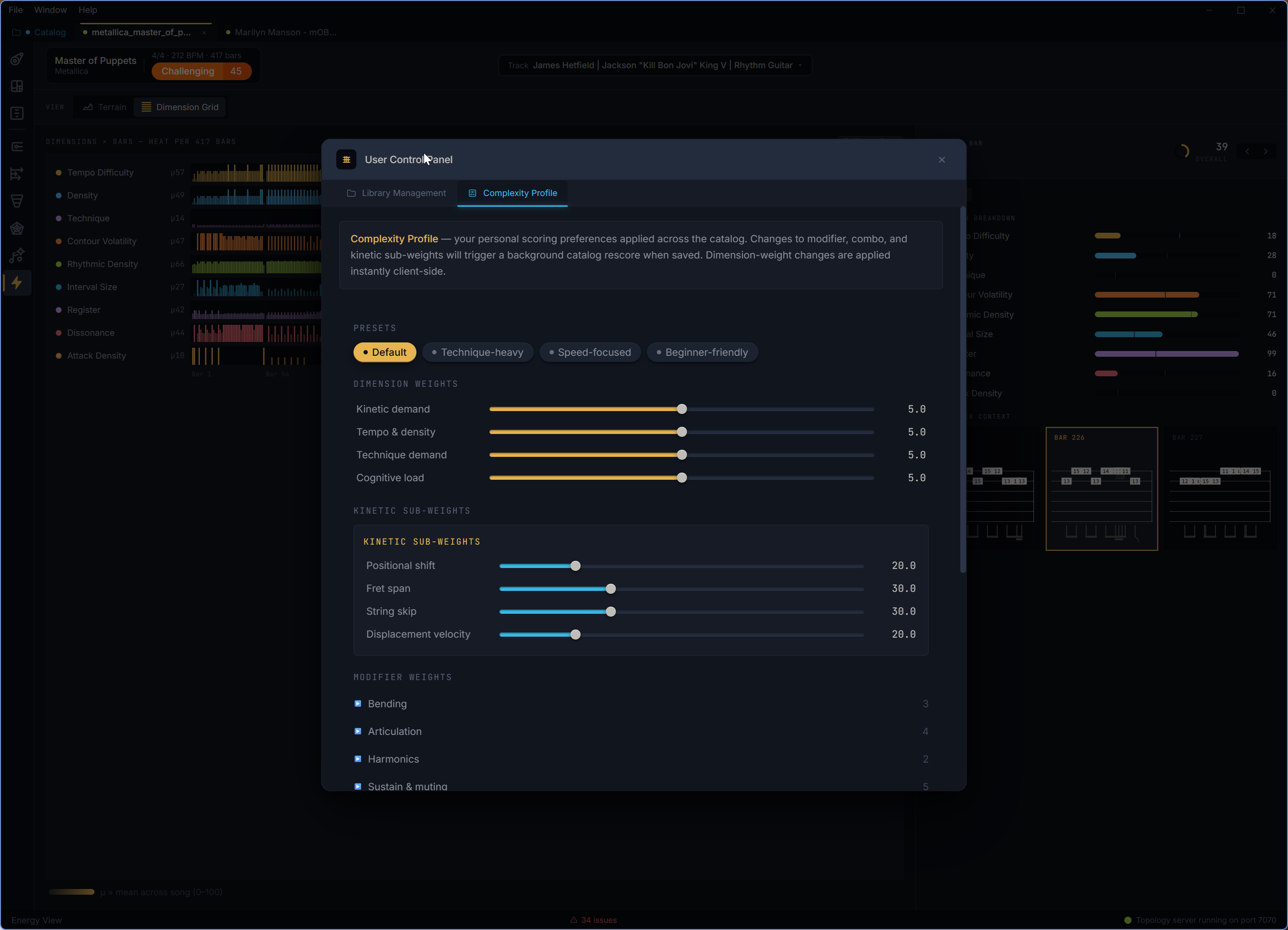 Control Panel showing complexity profile settings and scoring weight controls