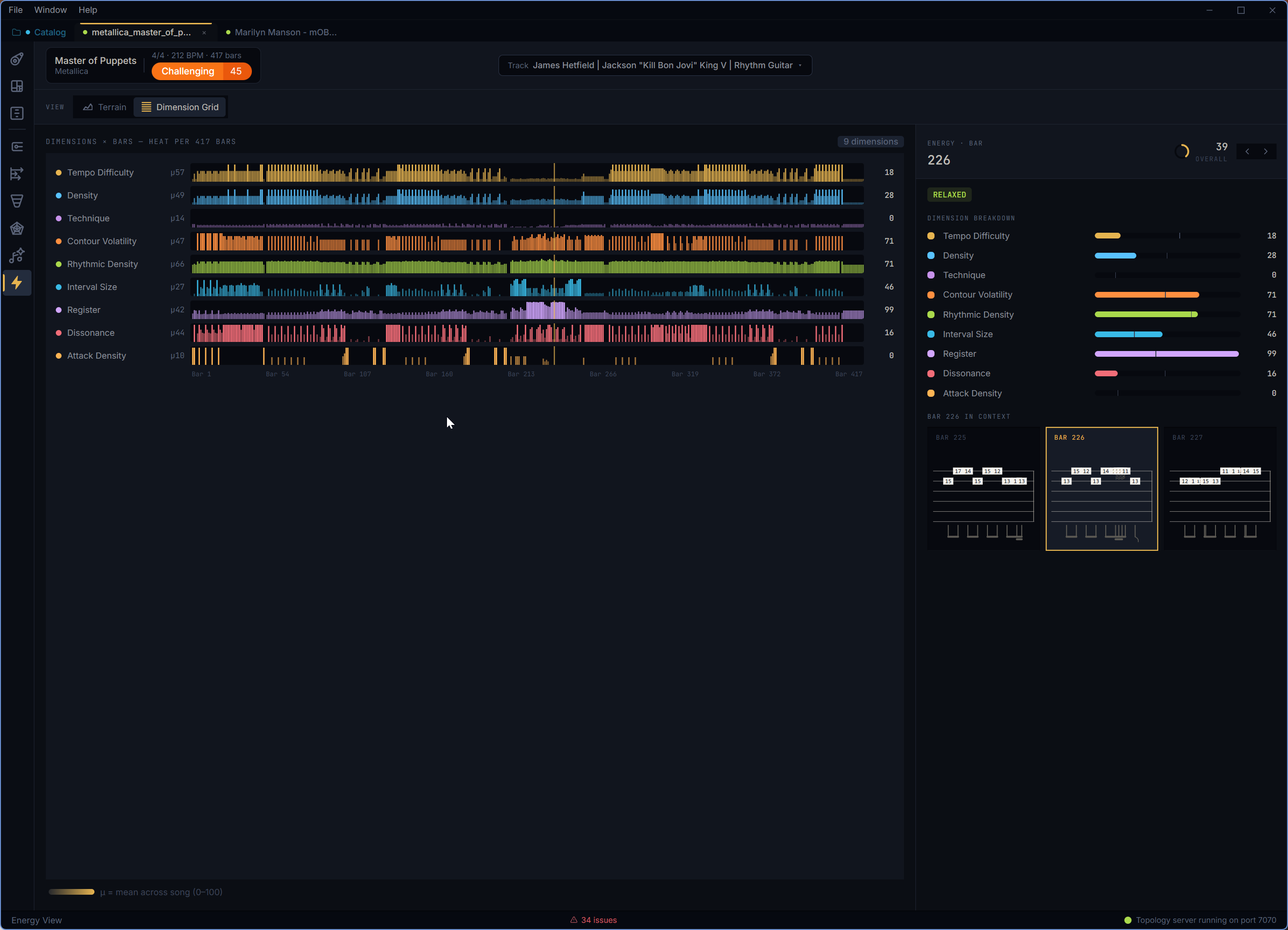 Energy View showing terrain-style energy map, derived labels, overlays, and selected bar detail pane