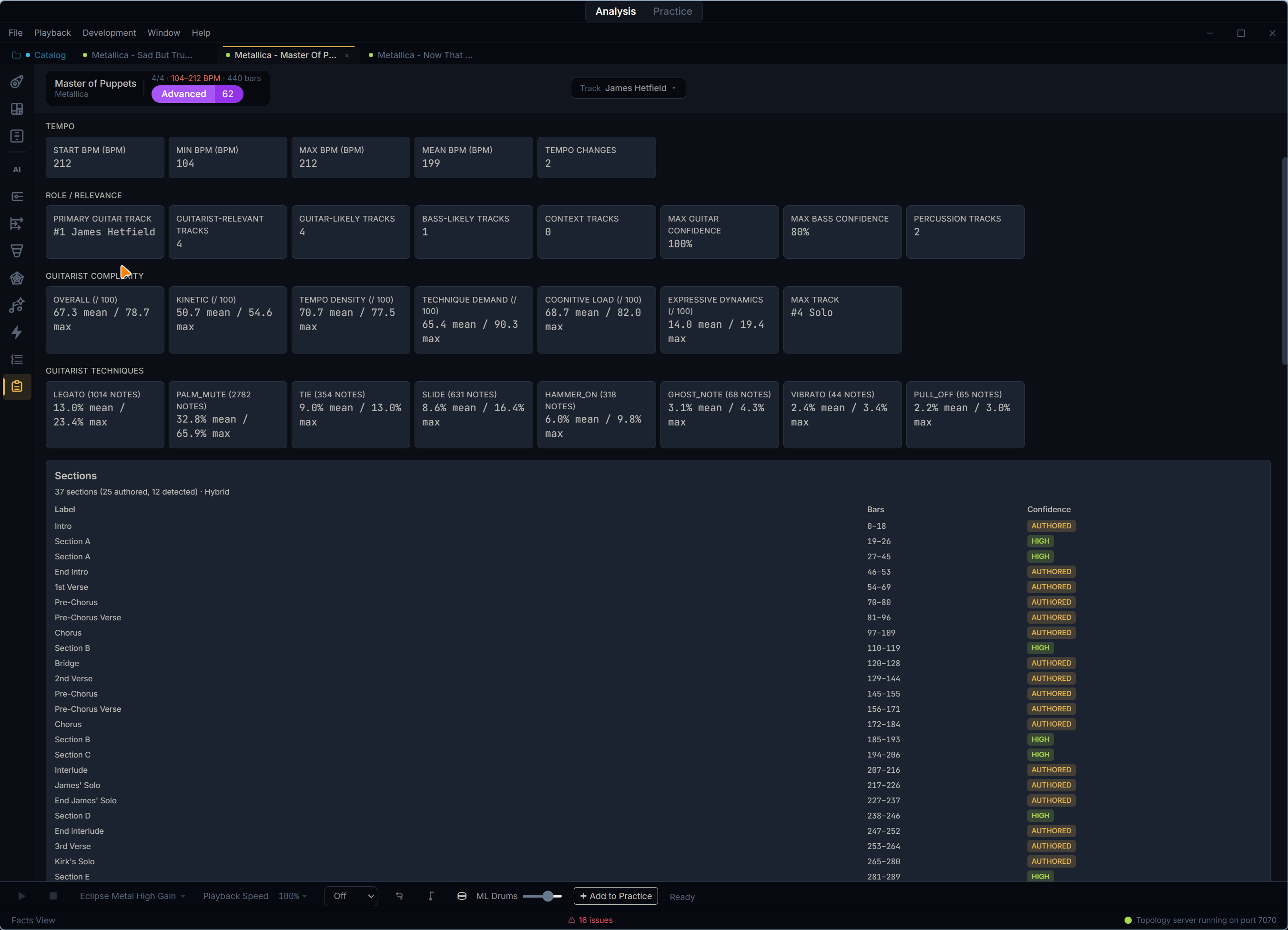 Facts View showing score facts and expanded per-track analysis metrics