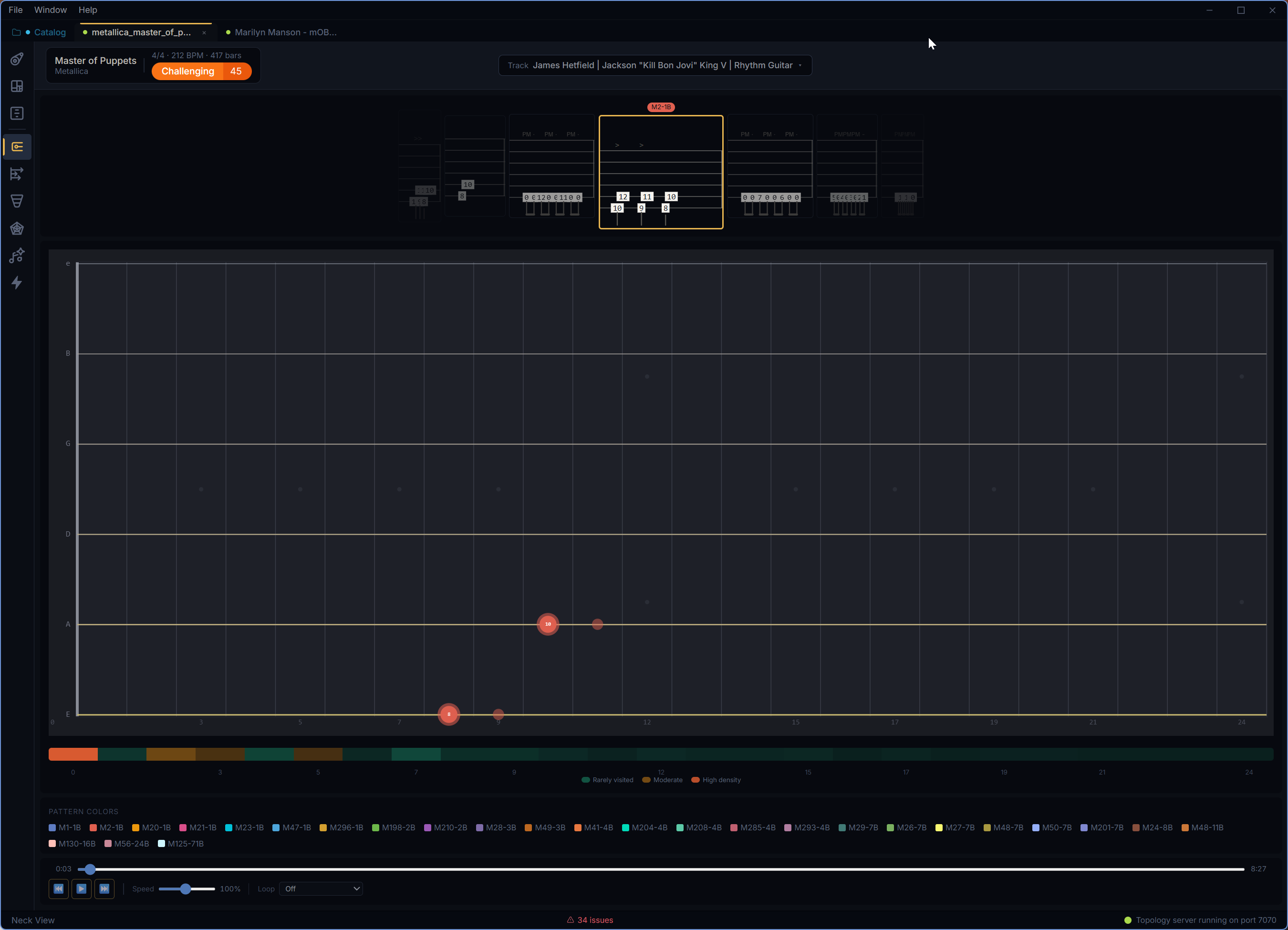 Neck View showing an animated fretboard, position heatmap, transport controls, and filmstrip