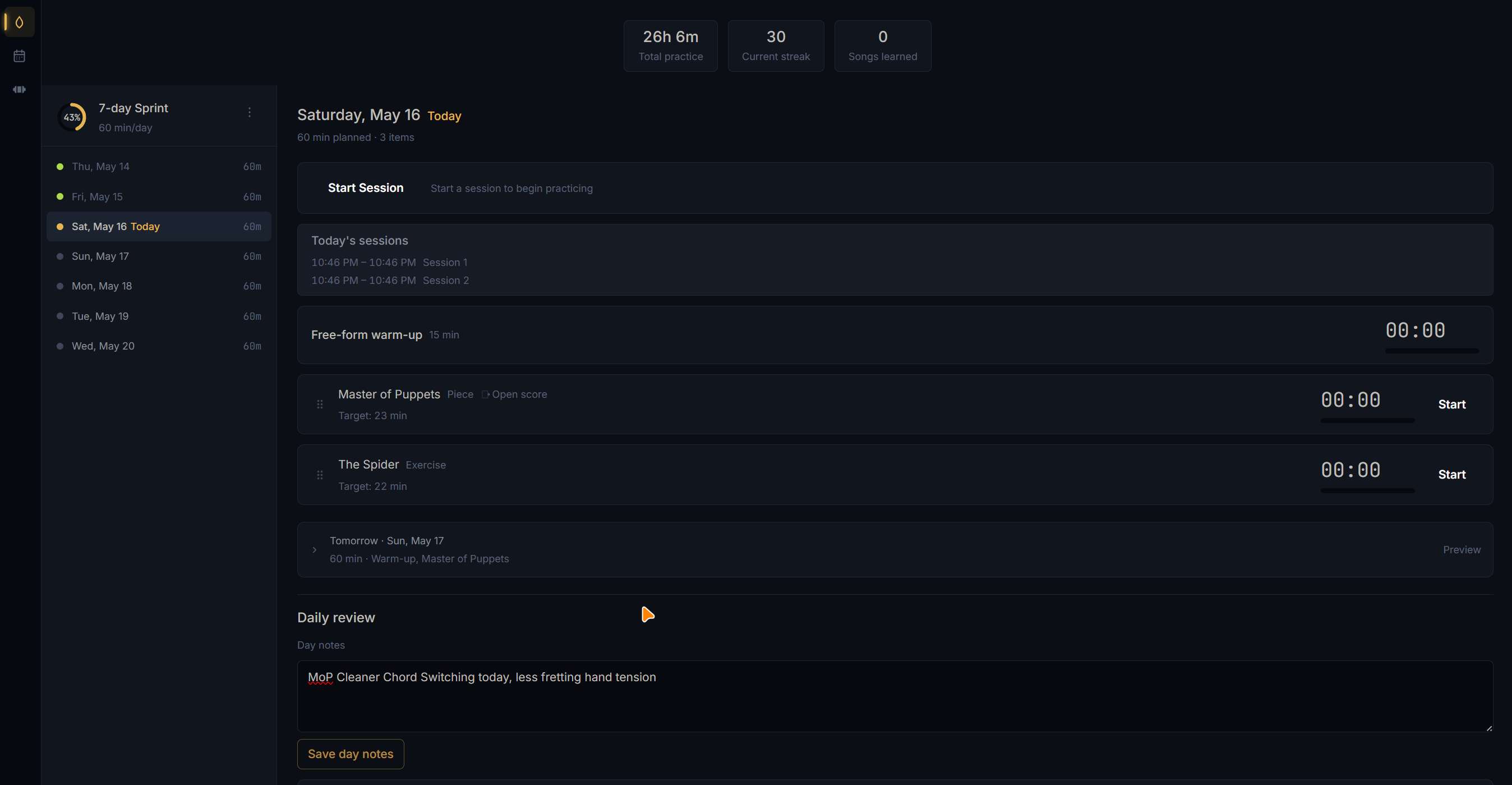 Practice dashboard showing an active sprint with day grid and today view