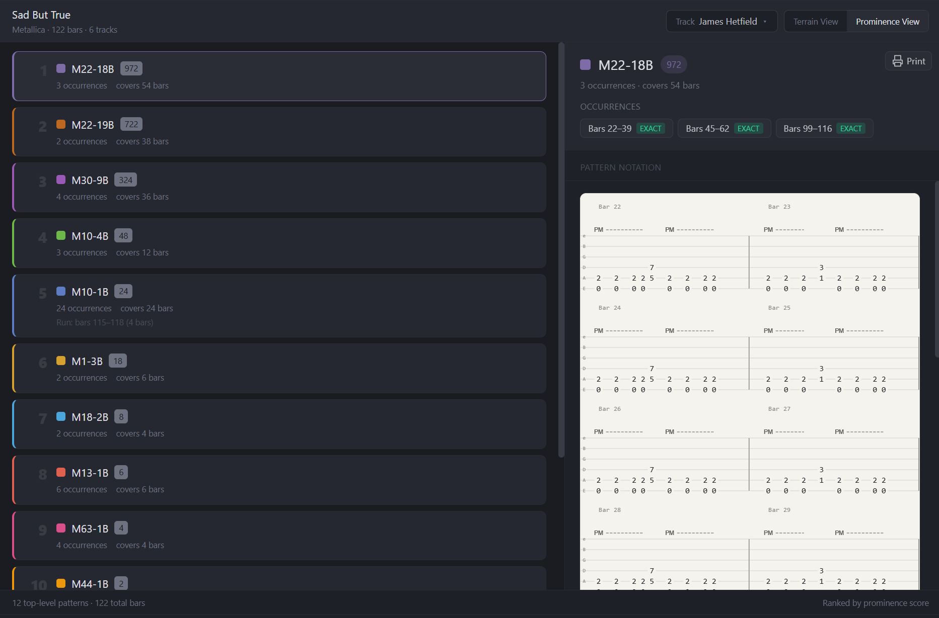 ProminenceView showing ranked pattern cards with notation detail pane