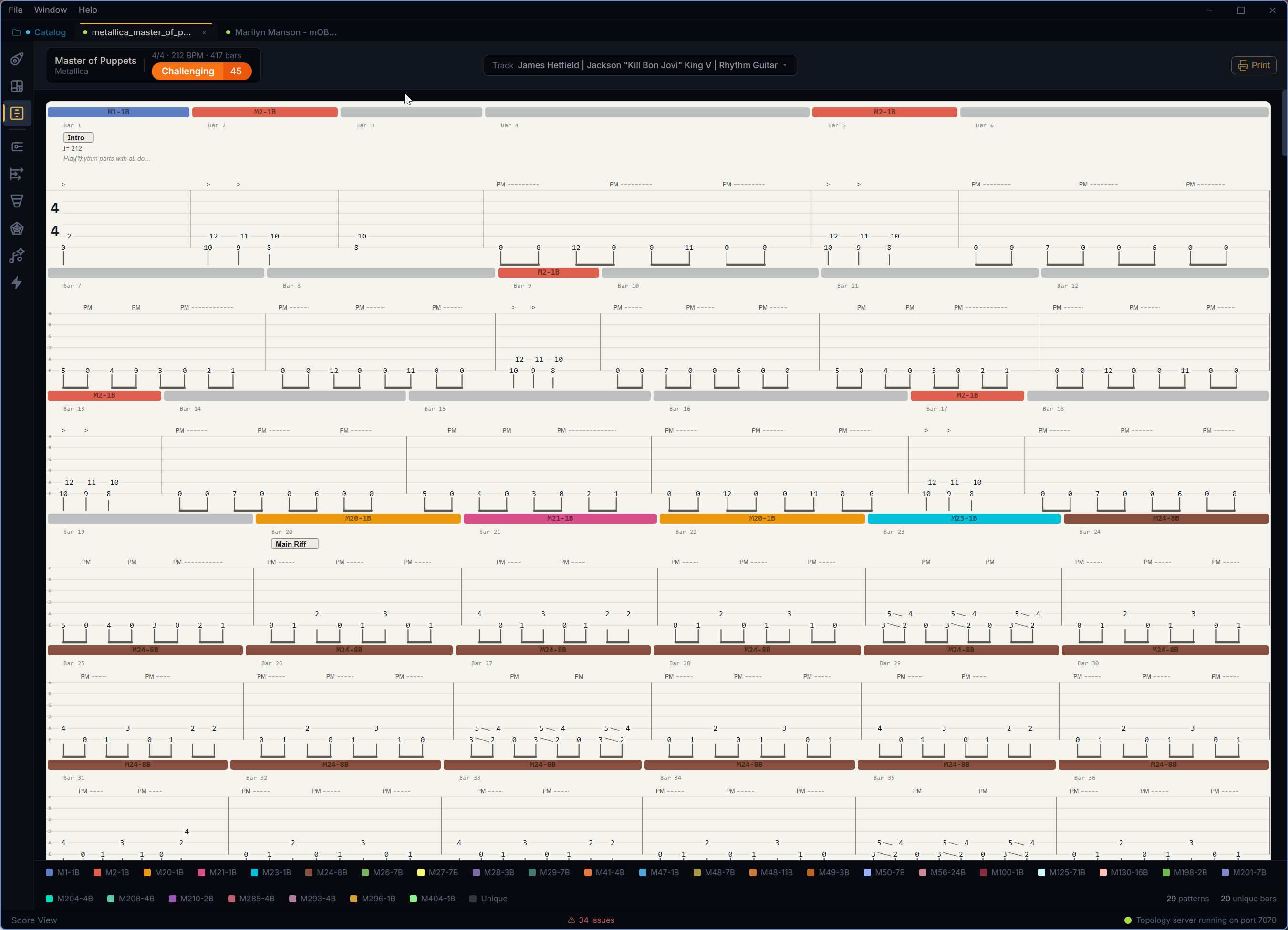 Score View showing full-track tablature with colored pattern strips and print controls