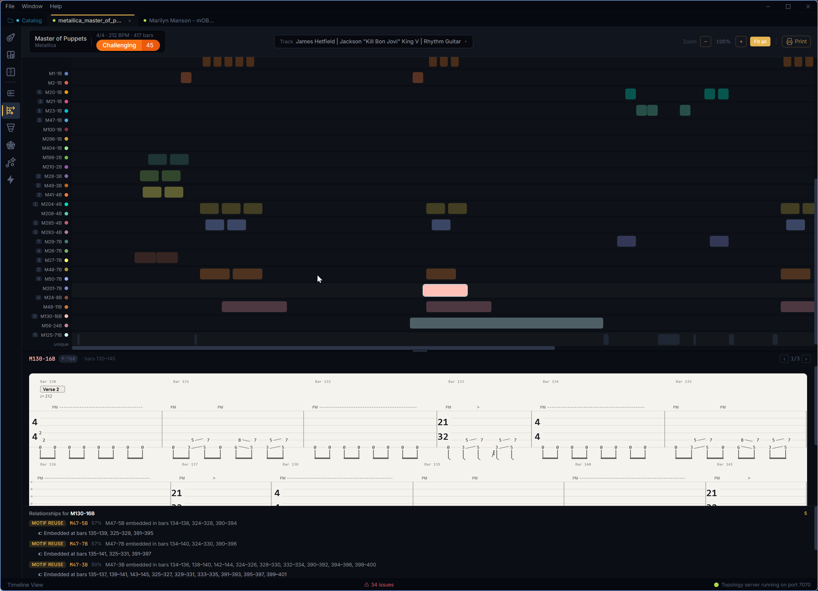 Timeline View showing pattern occurrence swimlanes, ruler, and notation detail pane