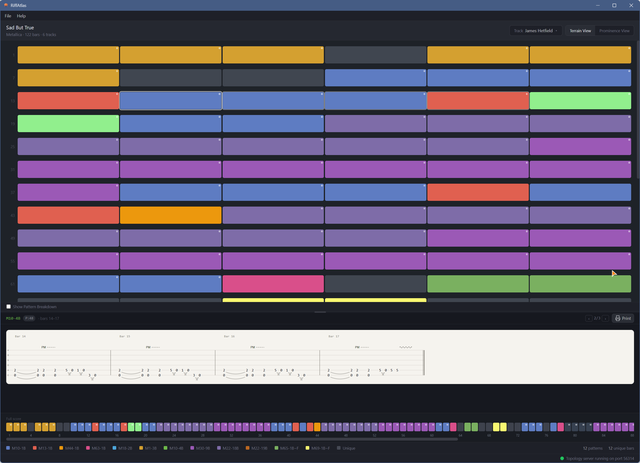 RiffAtlas TerrainView showing color-coded bar patterns